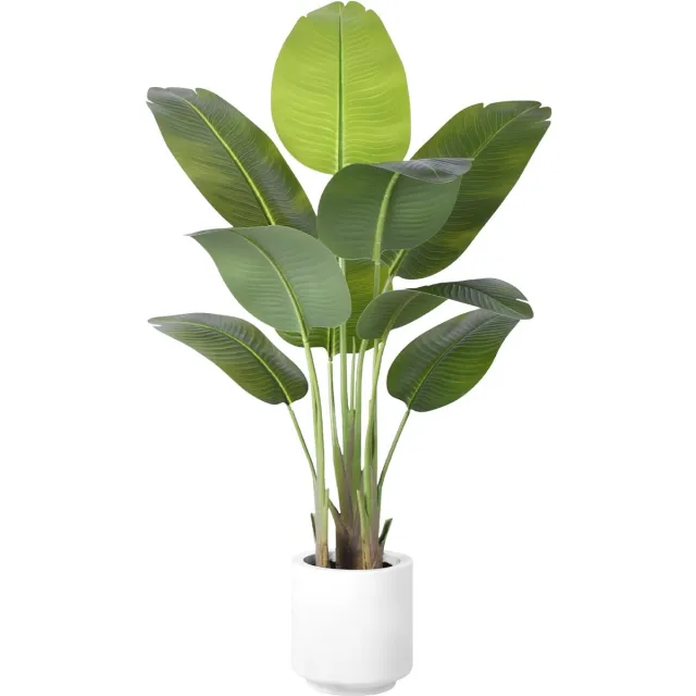 Famanu Kunstmatige paradijsvogelplant 120 cm, grote nepplant met witte pot, 9 bananenbladeren, ideaal voor decoratie in kantoor, thuis en woonkamer Groen