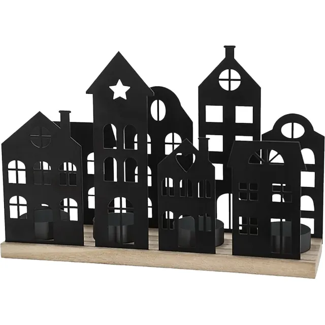 N&N Huislijn Metalen theelichthouder huislijn zwart - 25 x 18 cm - kerstdorp silhouet met houders voor 4 theelichtjes - Kerstmis tafel decoratie kaarsenhouder voor theelichtjes kerststad skyline