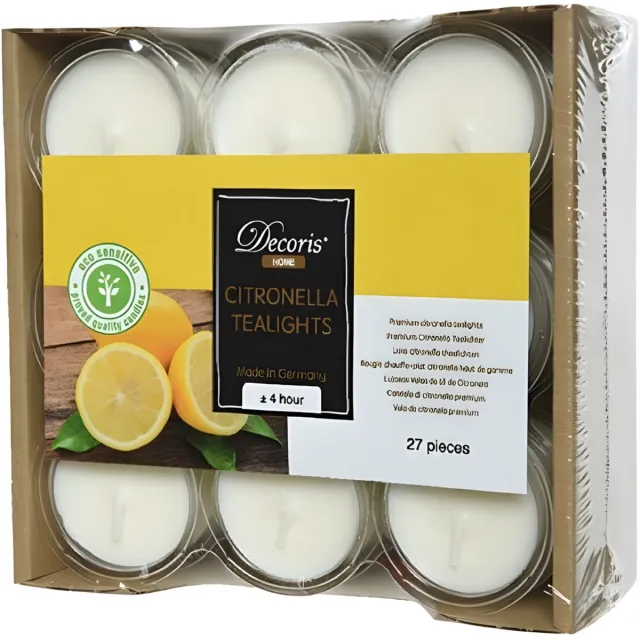 Decoris Geurkaarsen - Citrus Citronella geur - 27x stuks - 4 branduren - kaarsjes Geel