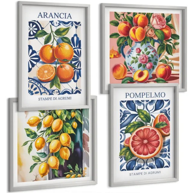 TULUP 4-Delige Schilderij Set - Trendy posters met citrusvruchten in Italiaanse stijl - 40 x 40 cm en 40 x 60 cm - Wanddecoratie - Moderne Interieurdecoratie - Stijlvolle Muurdecoratie Zilveren lijst