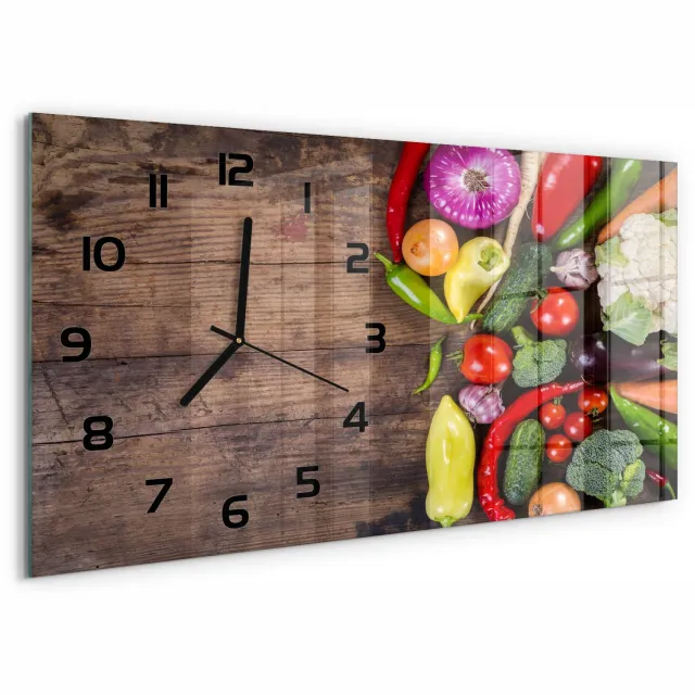TULUP Wandklok - Groenten Gekleurde Glazen Klok - 60x30 cm - Veelkleurig Glazen Klok Met Print - Zwarte handen - Rechthoekige Klok - Moderne Wandklok Glas - Wandklok Glas Decoratie