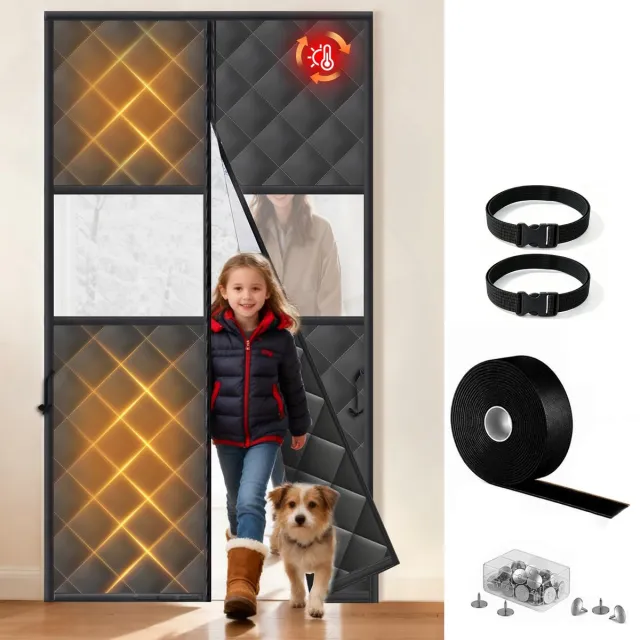 Namajunas Magnetisch warmte-isolerend deurgordijn - Met kijkvenster - Klittenband Geen boren - Zelfsluitend magnetisch - Kouwerwerend Winddicht - 90 x 210 CM - Waterbestendig Oxford - Gevuld met dik katoen - Met bevestigingsmateriaal Zwart