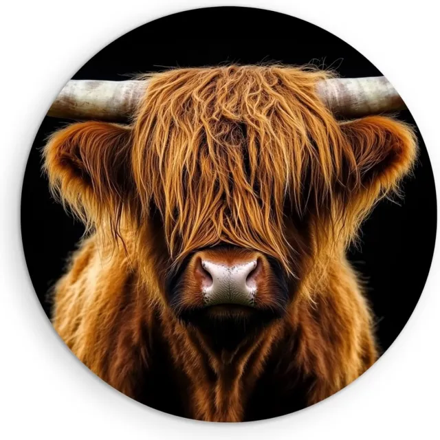 Saammp Muurcirkel Hout Schotse Hooglander Koe in het hoge gras - Dieren - Natuur - Ø 30 - Wandcirkel - Wanddecoratie Cirkel - muurdecoratie Woonkamer - Slaapkamer decoratie - Rond Schilderij
