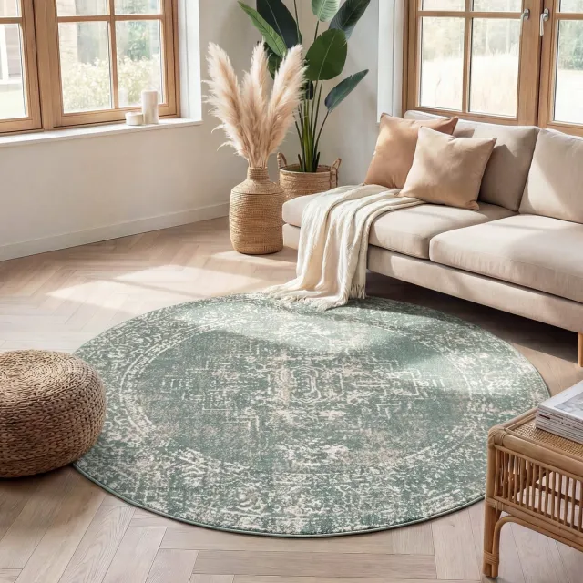 Fraai Rond vintage vloerkleed - Spring Ethnic Groen/Creme - Ø 240cm