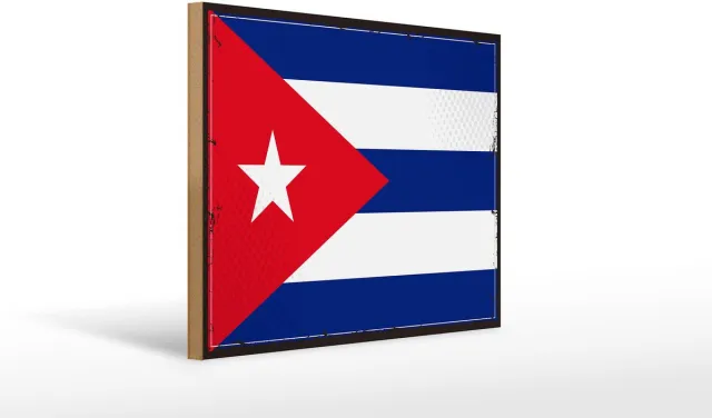 Femer Holzschild Flagge Kuba 40x30cm Retro Flag of Cuba Blauw