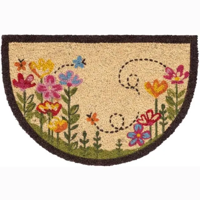Hamat Ruco Print Flowers 40 x 60 cm | Kokosmat halfrond met bloemen 805 Blauw / Bruin / Geel / Groen / Naturel / Oranje / Rood / Roze