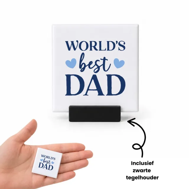 Hacebo World's best dad met 2 hartjes tegeltje met tegelhouder - Papa - Beste papa - tegeltjes met tekst - Vaderdag cadeautje - Cadeau voor papa - Verjaardag - Geschenk - Cadeau - Gift - spreuktegels - 4.8x4.8 CM Wit