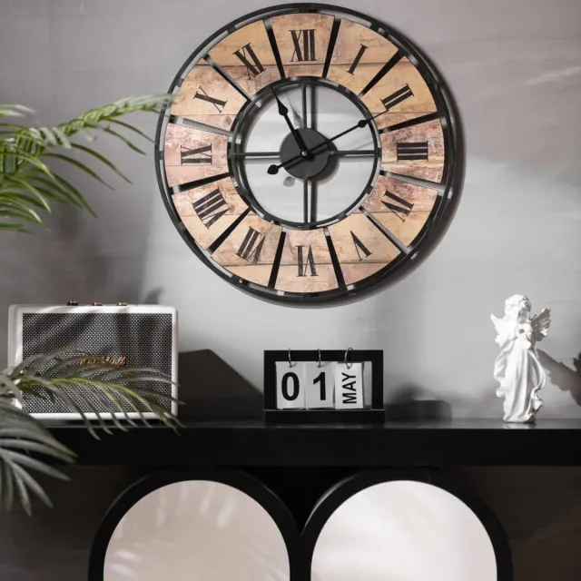 K&L Wall Art grote vintage wandklok woonkamer metalen klok pallet hout wandklokken zonder tikkend geluid modern XL Romeinse cijfers (metaal houtlook, Ø 50 cm antiek hout)