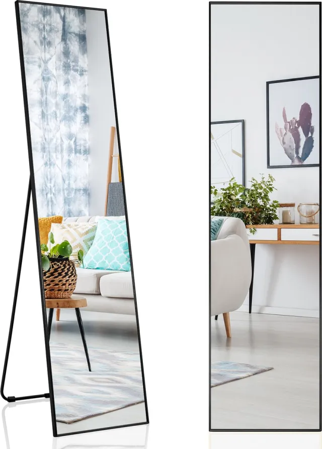 Costway 160 x 40 cm Full Body Spiegel, Rechthoekige Garderobespiegel met Breukvast Glas & Aluminium-Legering Frame, Staande, Vloerstandaard of Muurgemonteerde Spiegel voor Slaapkamer, Woonkamer, Ingang Zwart