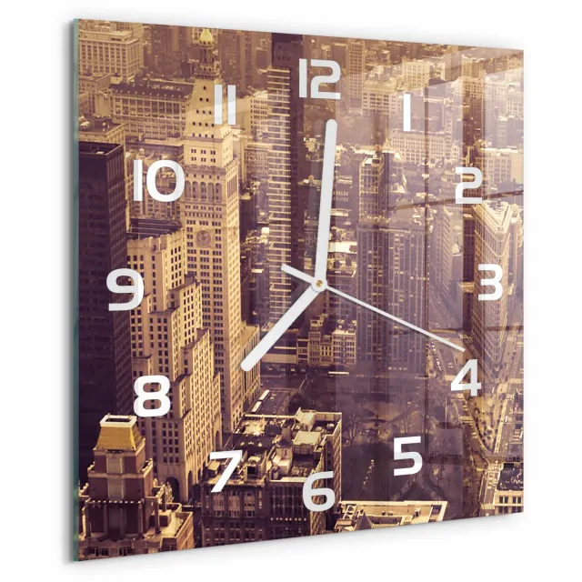 TULUP Wandklok - Manhattan, New York Glazen Wandklok Design - 30x30 cm - Geel Klok Glas Met Opdruk - Witte handen - Vierkante Klok - Wandklok Glas Met Motief - Decoratieve Glazen Klok