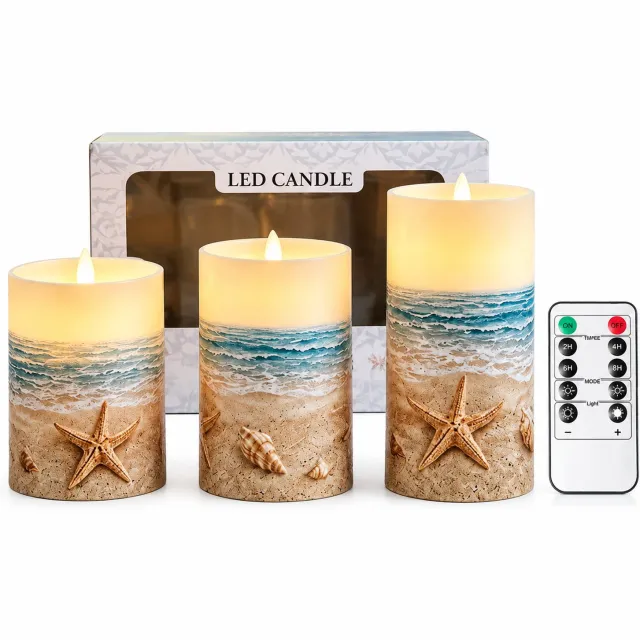 SWGOTA led kaarsen, set van 3 met bewegende vlam en afstandsbediening, warm licht en zeestermotief, in vensterdoos Beige