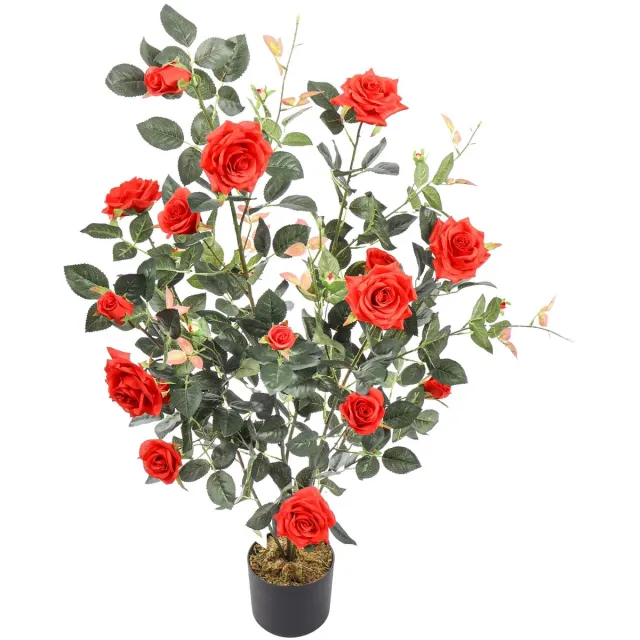 Kunstpalm Kunst Rozenstruik Rood – 120 cm – Grote Rode Rozen – In Pot – Realistische Binnenplant