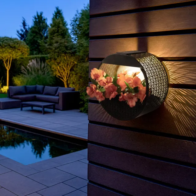 RexTech Solar wandlamp buiten 'Flor' - Rond - Wandlamp met plantenbakje - IP65 - Warm wit licht (2700K) - 20 lumen - Tuinverlichting op zonne-energie Zwart - Rond