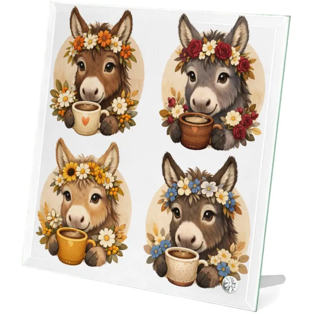 Mr Cadeautjes Glasframe 20 x 20 - design Een serie ezelportretten met boeketjes en een warme drank in | cadeau Wit