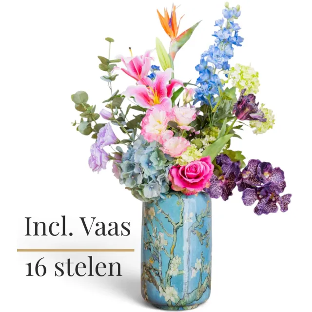 BLOOM & VESSEL Zijden Boeket met Van Gogh Vaas – 95 cm – Boeket Opal – 16 Stelen – Kunstbloemen – Nepbloemen Multi