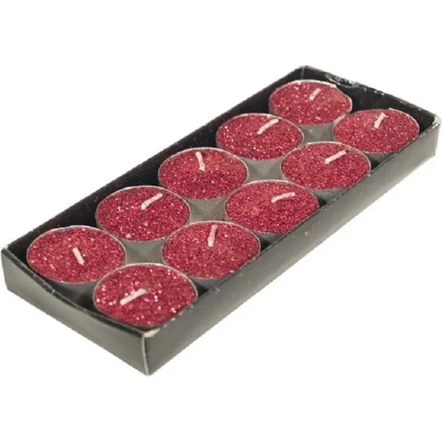 Gerimport theelichtjes/waxinelichtjes kaarsjes- 10x - rood glitters 3,5 cm