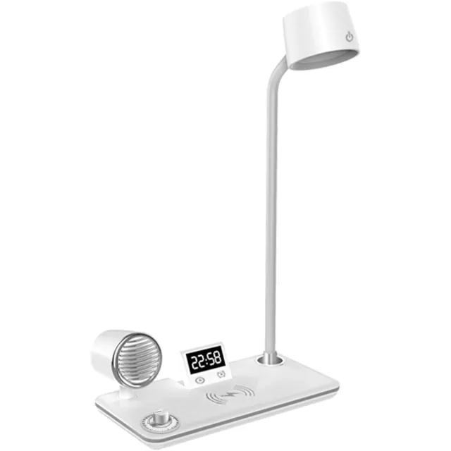 NAXSIR Multifunctionele LED Bureaulamp - 43 cm - Bluetooth Speaker - 15W Draadloze Oplader - Klok en Wekker Wit