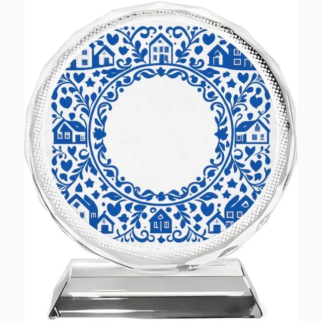 Mr Cadeautjes Fotokristal rond Ø 10 - design Een klassieke blauw-witte rand met huiselijke symbolen en ee | cadeau
