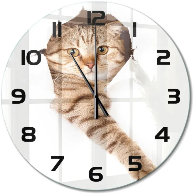 TULUP Wandklok - Kat Decoratieve Glazen Klok - fi60 cm - Beige Glazen Wandklok Design - Zwarte handen - Ronde Klok - Glazen Klok Met Print - Wandklok Glas Met Motief