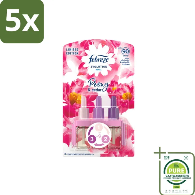 Febreze 5 x Ambi Pur – Luchtverfrisser – 3Volution Peony & Cedar – Langdurig - Grootverpakking - Vaatwasstrips - Luchtverfrisser - Elektrische Luchtverfrisser - Geurrotatie - Geurverwijdering - Frisheid Roze