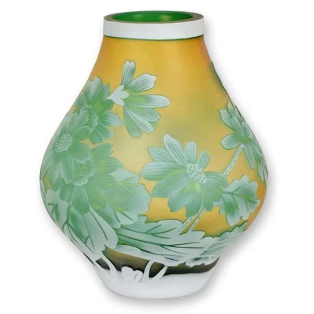 VntiQue Cameo Vaas - Madelief - Cameo Glazen Vaas - Glas Decoratie - Tafeldecoratie - Bloemenvaas - Tafelvaas - 20x20x24 Geel