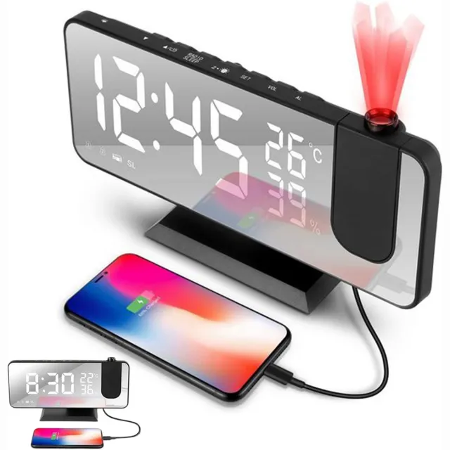 OKWISH Projectieklokken – Projectie Wekker Met Grote LED-Cijfers, Snooze En FM-Radio, 180° Draaibare Projectie – ABS – Zwart