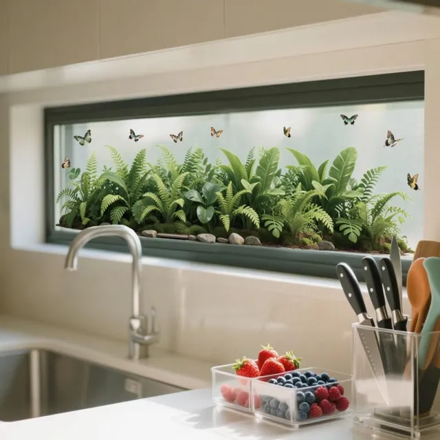 Famanu Herbruikbare raamsticker met planten en vlinders, 120 x 30 cm