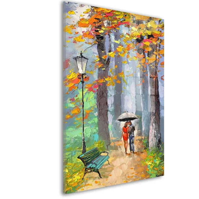 De Online Drukwinkel Glasschilderij Herfstige liefde wandeling - 30 x 20 cm - Koppel - Liefde - Acrylaat - Inclusief wandbevestiging - Foto op plexiglas - Wanddecoratie woonkamer Geel