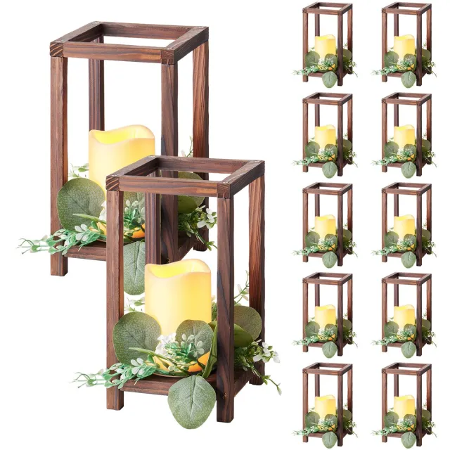 Vevor 12-Delige Set, Houten Lantaarns, Inclusief 12 Houten Lantaarnkaarshouders, 12 Vlamloze Led-Kaarsen, 12 Eucalyptusbladkrans voor Bruiloftstafel, Feest, Boerderijdecoratie, Bruin