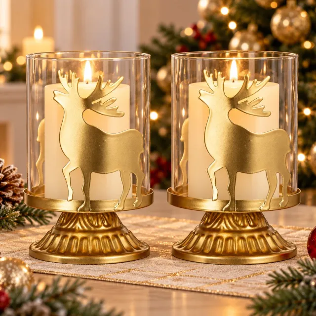 Rojellaa Theelicht Kaarsenhouders Kerst Modern Decor, Orkaan Pillar Kaarsenhouder Set van 2, Decoratieve Stag Kaars Stands Centerpieces voor Kerst Tafel Mantle Open Haard Decoratie, Goud