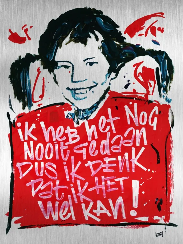 De Opmakerij PIPPI LANGKOUS * IK HEB HET NOG NOOIT GEDAAN * - sign painted kunstwerk op geborsteld aluminium 60 x 80 cm full-colour