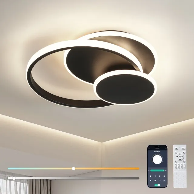 Lemlit LED Plafondlamp 3 Ringen - 33W 3960 lm - Traploos Dimbaar 3000-6500K met Afstandsbediening en Geheugen - 35x32 cm - Zwart