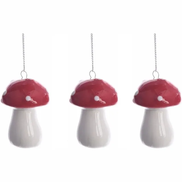 Decoris Kerstboomversiering paddenstoelen 4 cm - 4x stuks - rood/wit - aardewerk - polyester - zilverkleurig lusje