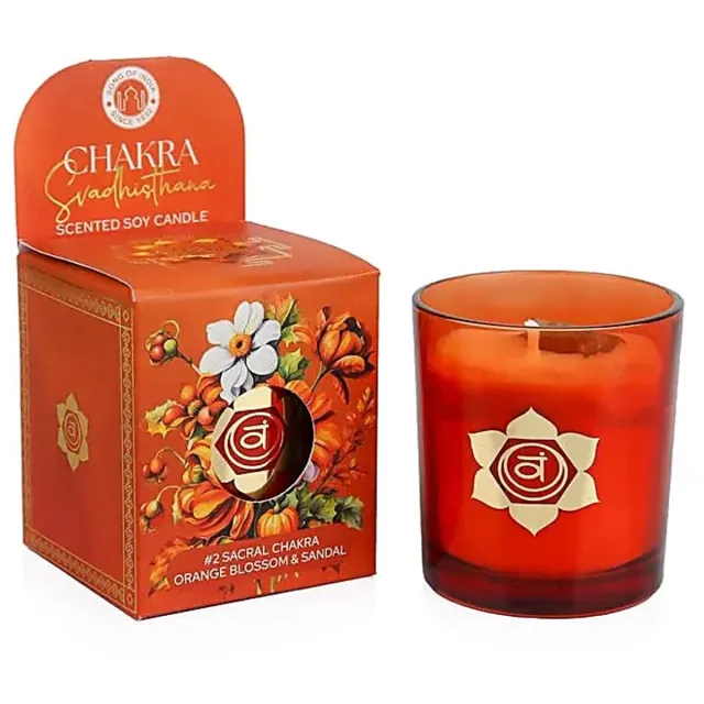 Phoenix Import Mani Bhadra Soja geurkaars Svadhisthana chakra oranjebloesem & sandelhout – Ø7 cm x 8 cm
