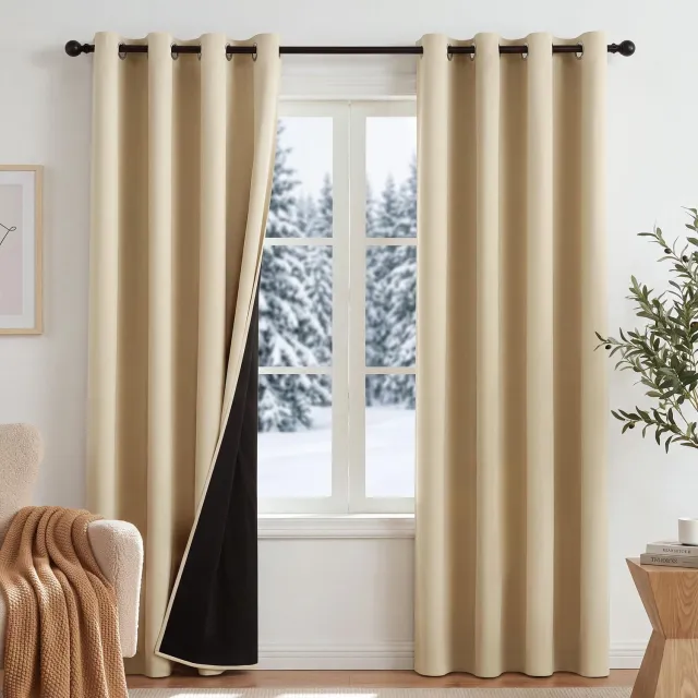 Famanu Kant-en-klaar verduisterende thermische gordijnen voor de slaapkamer, ideaal voor privacy en isolatie, creëren een gezellige sfeer en zijn eenvoudig te bevestigen Beige