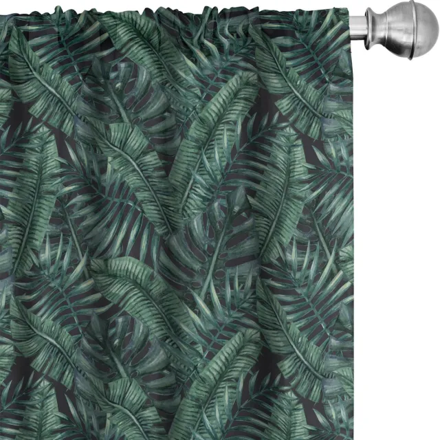 ABAKUHAUS Palmblatt Raamgordijnen, Frischer Hawaï Zomer, Lichtgewicht decoratieve 2-delige set met roedezak, 2 stuks 75 cm B x 175 cm L, Donkergroen Zwart