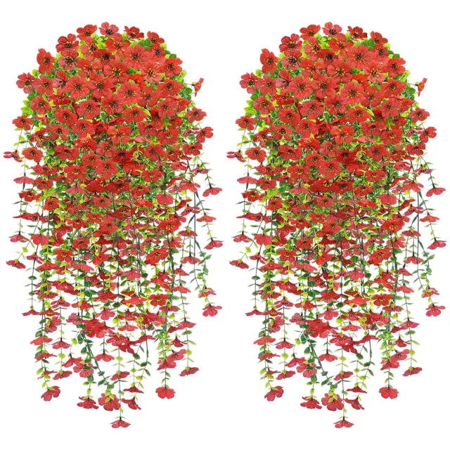 Ibenzoa Realistische rode kunstbloemen voor buiten en binnen, set van 4 hangende decoraties rood