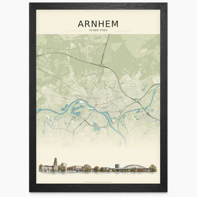 Joshimo Arnhem Stadskaart Poster | Vintage Kaart met Skyline | Inclusief Zwarte A4 Lijst