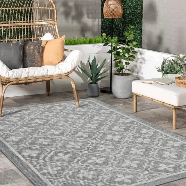 Luxiba Outdoor tapijt, weerbestendig, 160 x 230 cm, balkontapijt, lente, camping, tapijt, boho, grijs, bloem, buitentapijt voor terrasvrijgeven, wasbaar tapijt, outdoor, antislip, voor binnen en buiten