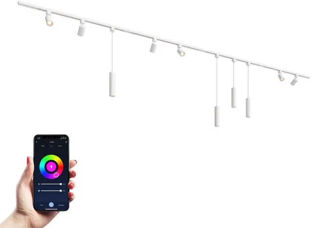 HOFTRONIC railverlichting pakket recht – 4x 1 meter rail – 6 railspots en 4 hanglampen – RGBWW GU10 lichtkleur – dimbaar via app – aluminium wit – IP20 – modulair – 230V – smart track lights woonkamer keuken