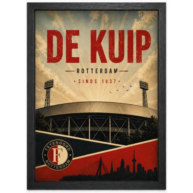 Joshimo De Kuip Feyenoord Poster | Vintage Retro Art Print | Stadion Rotterdam | Inclusief Zwarte A4 Lijst