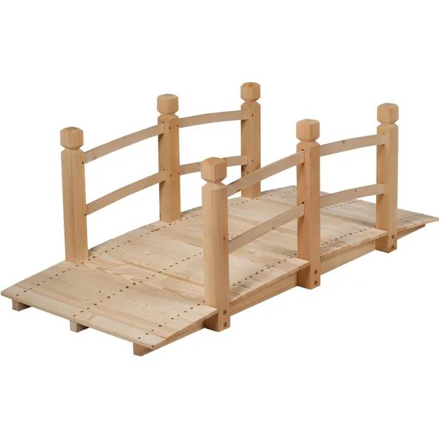 Costway Brug, Vijverbrug Tuinbrug, Houten brug met leuningen, Sierbrug tot 180 kg belastbaar, van massief dennenhout, Decoratieve brug voor tuin vijver buiten, 150 x 67 x 55 cm, Natuur