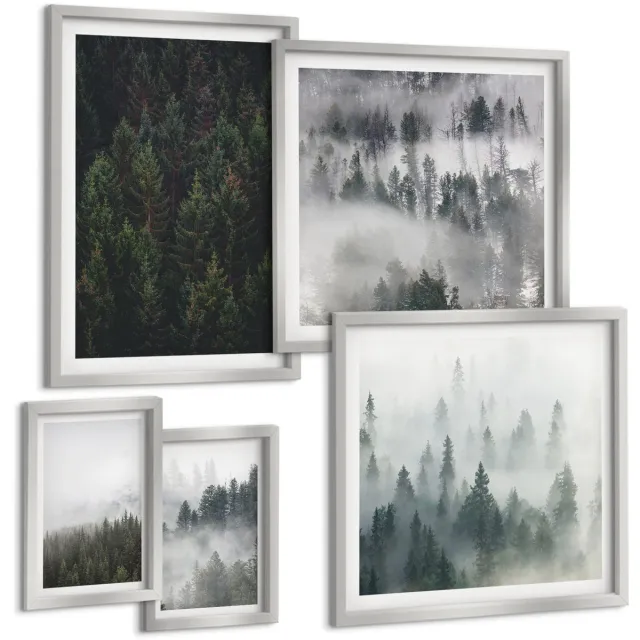 TULUP 4-Delige Schilderij Set - Groene bossen, mistige landschappen, natuurlijke uitzichten. - 50 x 50 cm, 20 x 30 cm en 40 x 60 cm - Wanddecoratie - Schilderijen Set - Kantoor - Woonkamer Decoratie Zilveren lijst