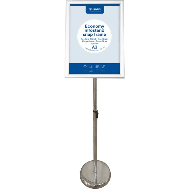 Europel Economy infostand kliklijst – Zilver – A3 (29,7 x 42 cm) – Frame 25mm – Verstelbare hoogte – Draaibare kliklijst – Stabiele ronde voet – Ideaal voor Beurzen