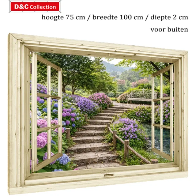 D&C Collection Buitencanvas doorkijk venster bospad - 75x100x2 cm - tuinposter doorkijk bloemen - tuindoek op houten frame - nostalgisch venster - bos - hortensia's langs bospad - beek - ijzeren bankje - romantisch roze, groen
