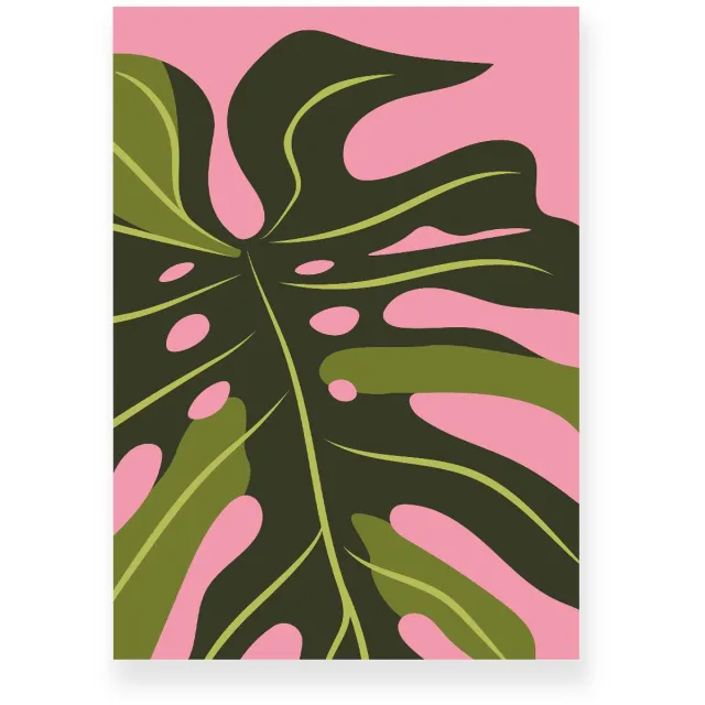 Yisual Poster 30x40 cm - Monstera Bladeren - Planten - Roze - Groen - Minimalistisch - Botanisch - Muurdecoratie - Wanddecoratie