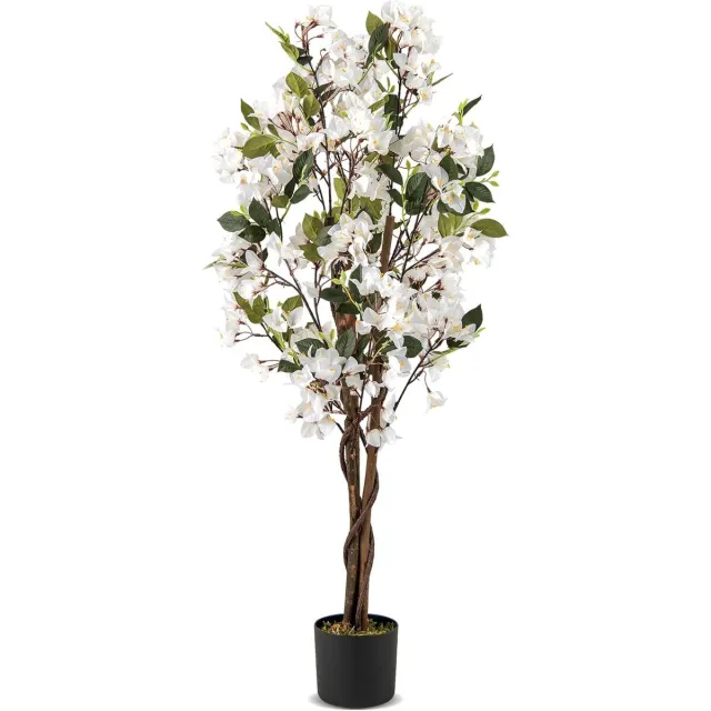 KOMFOTTEU 120 cm hoog Kunstmatige Bougainvillea Kunstboom, in pot met open bloemen en realistische takken, decoratieve plant voor ingang, woonkamer, kantoor Wit