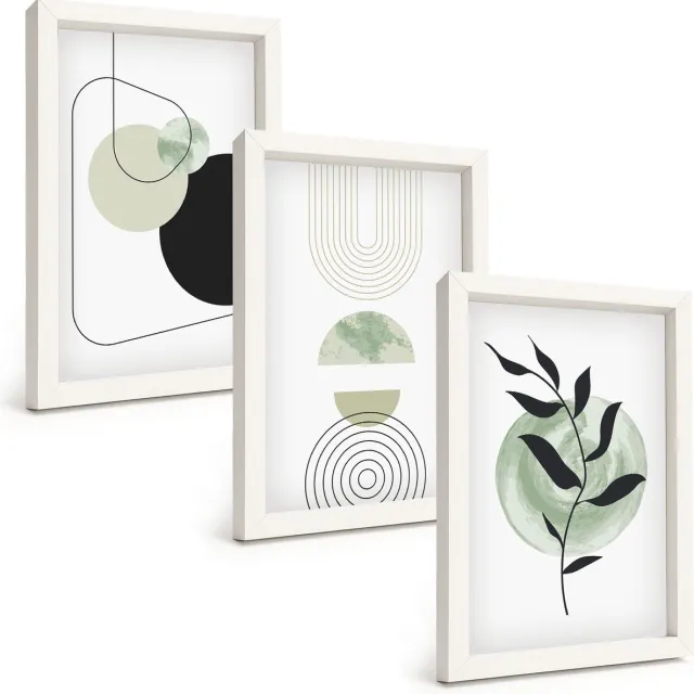 TULUP 3-Delige Schilderij Set - Abstracte vormen en plantmotieven in groen - 20x30 - Stijlvolle Muurdecoratie - Slaapkamer Witte lijst