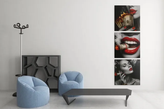 Trendex Global Drieluik Canvas Schilderij Money Art – Rood Lippen Luxe Wanddecoratie - 3x30x30 cm Kleurrijk