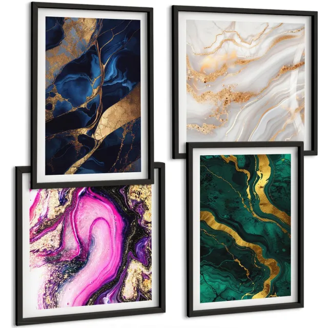 TULUP 4-Delige Schilderij Set - Abstracte marmer- en gemengde kleurpatronen - 40 x 40 cm en 40 x 60 cm - Wanddecoratie - Schilderijen Set - Kantoor - Interieur Decoratie Zwarte lijst